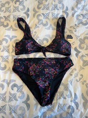 Women's Black Floral Burst Tie-Front Bikini